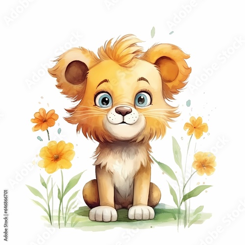 AI generated illustration of a baby lion cub resting in a wild grass and flower field