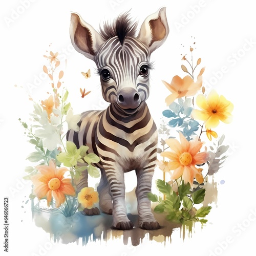 AI generated illustration of a baby zebra on a white background in watercolor