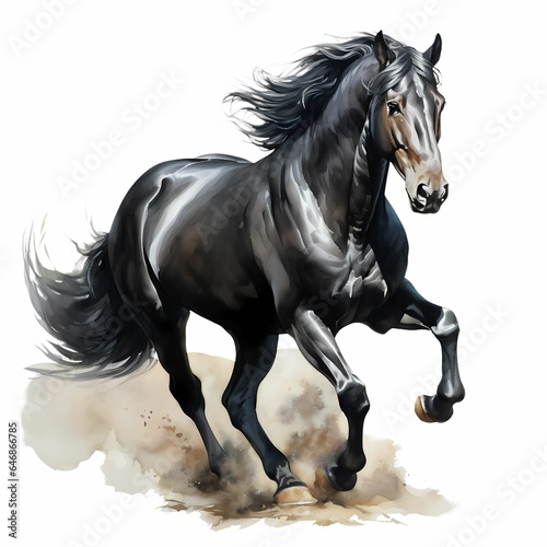 AI generated illustration of a black horse on a white background in watercolor