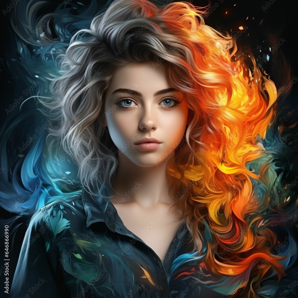 AI generated illustration of a portrait of a young woman with fiery red and ice blue wavy hair