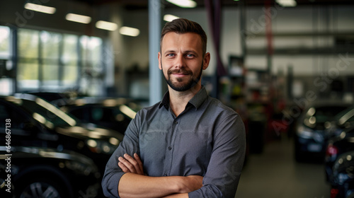 Portrait Of Handsome Car Salesman In Car Dealership