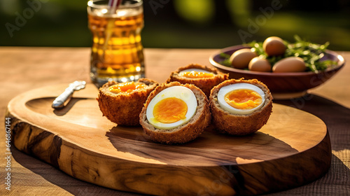 Meat cutlet with boiled egg, pieces on a dark wooden background. Mini meat rolls. Scottish cutlet.