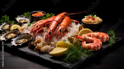 Seafood charcuterie platter board with shrimp, oysters, fish and octopus on black background.