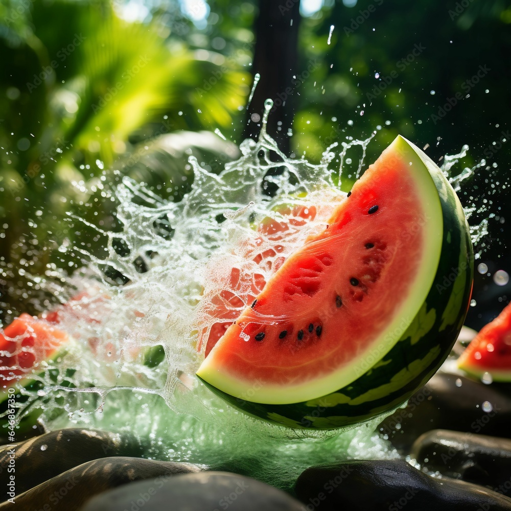 AI generated illustration of a ripe red watermelon cut in half and dropped into water