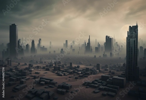 AI-generated illustration of a skyline of a sprawling urban landscape shrouded in a blanket of fog