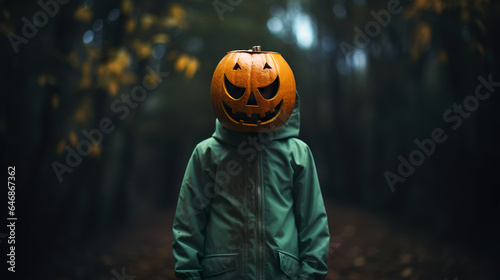 Happy Halloween! Cute child holding a halloween pumpkin
