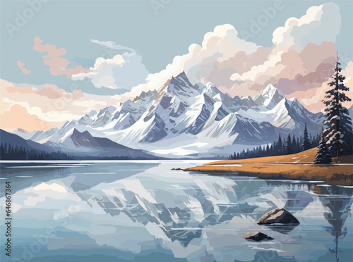 Design an intricate vector illustration of a pristine snowy mountain range, where a serene lake reflects the towering snow-covered peaks in the foreground, while a cloudy sky in the background adds a
