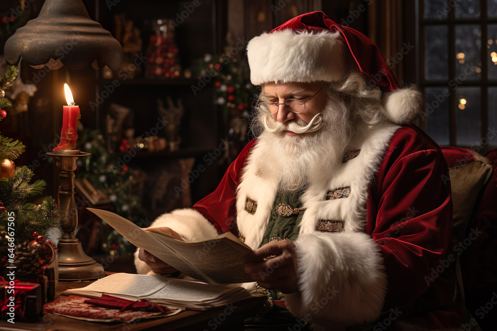 Santa Claus sitting at his chair and reading a letter with fireplace in the background Santa Claus sitting at his chair and reading a letter with fireplace in the background