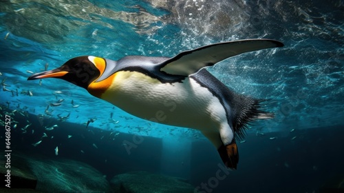 AI-generated illustration of An underwater shot of a single penguin swimming gracefully