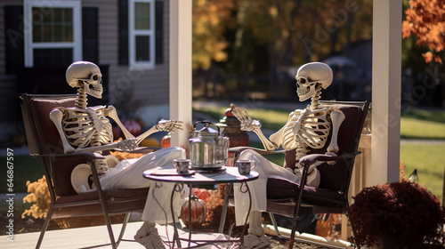 Wallpaper Mural Pair of skeletons having tea. Decoration of the facade of the house for the holiday of Halloween. Torontodigital.ca
