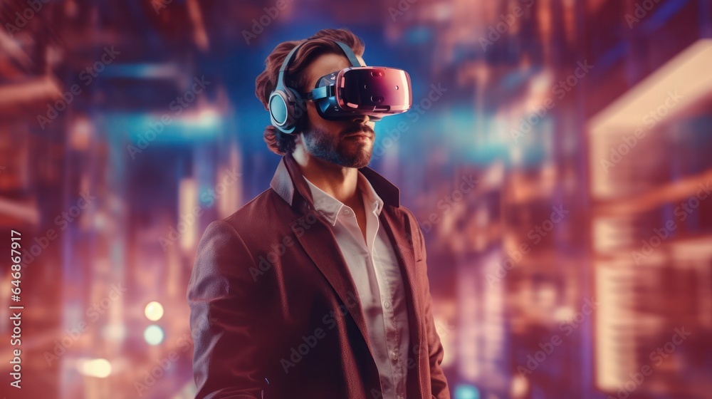 A person wearing Virtual reality glasses in technology background