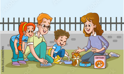 cute family feeding cute cats vector.children and their parents who feed stray animals