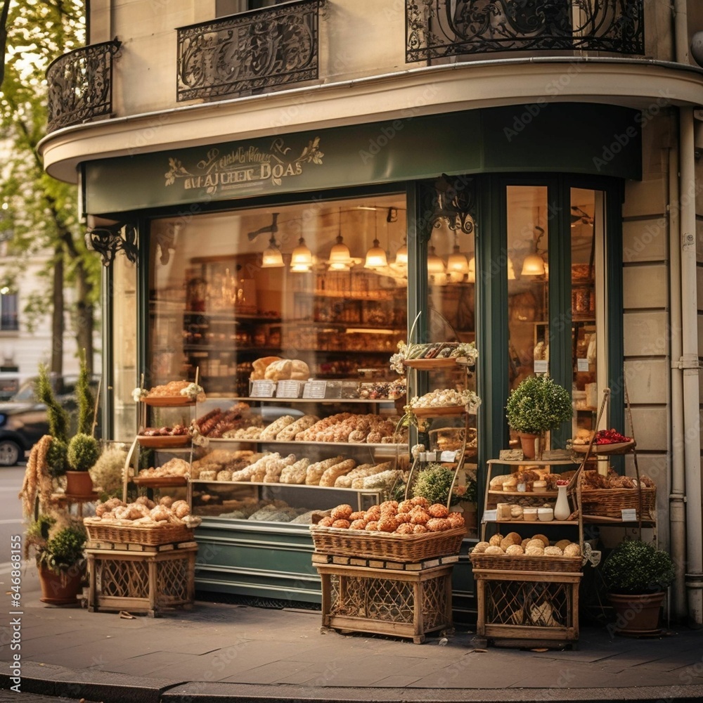 AI generated illustration of a quaint bakery with freshly baked bread on display in the window