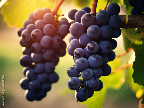 Vines and large bunches of black grapes in a vineyard. The atmosphere of the farm in the morning where the yellowish light of the sunrise and the morning dew on the farm. 