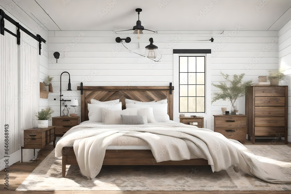 A modern farmhouse bedroom with shiplap walls and barn door accents.
