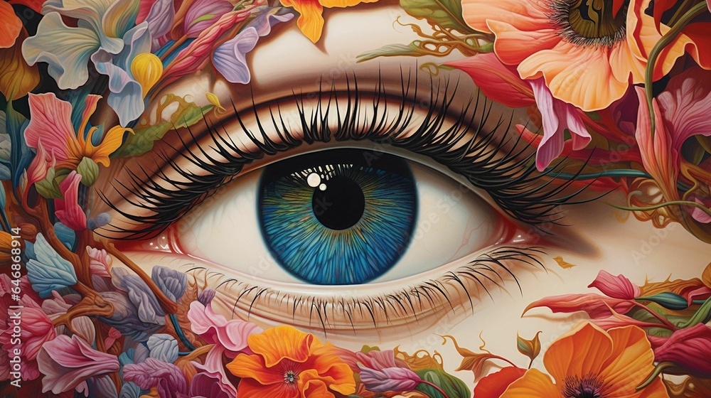 AI generated illustration of a closeup of a blue eye in vibrant floral colors