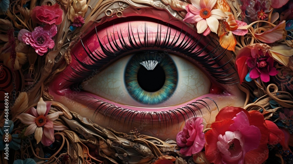 AI generated illustration of a closeup of a blue eye in vibrant floral colors - obrazy, fototapety, plakaty 