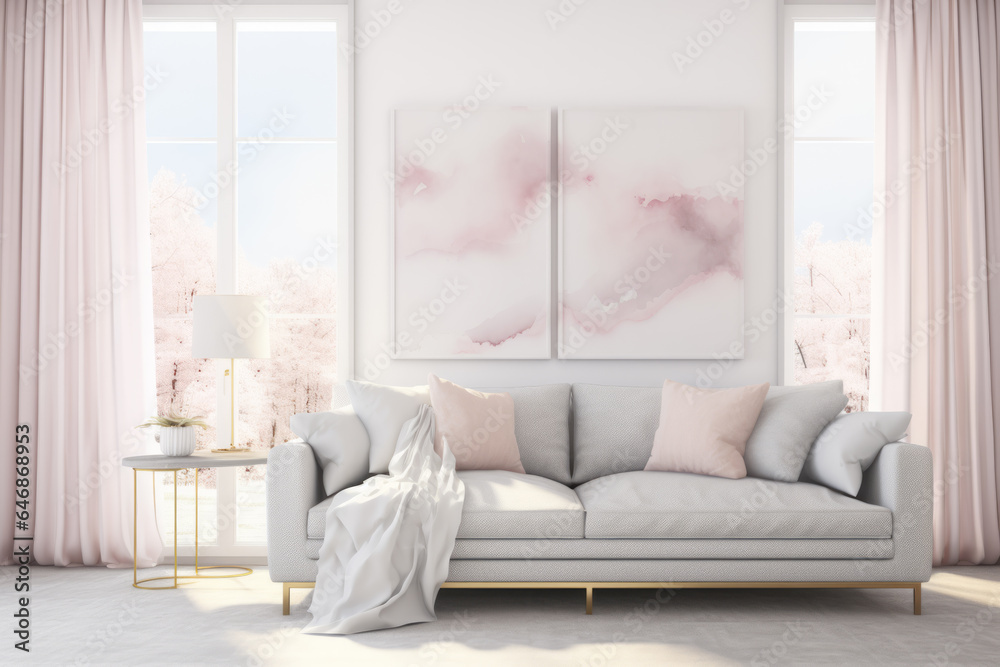 Fototapeta premium Spacious and Bright Modern Living Room with Stylish Sofa and Accents