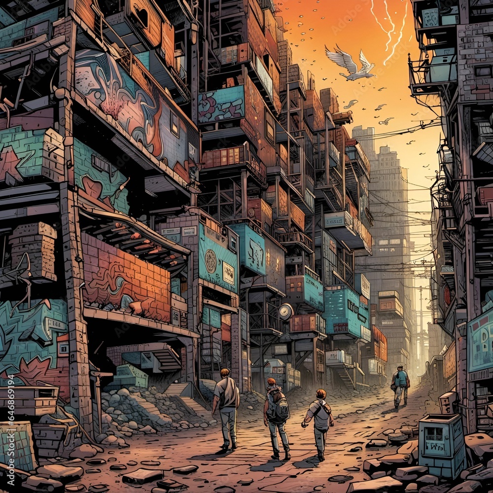 Obraz premium AI generated illustration of people walking through a cartoon apocalyptic world