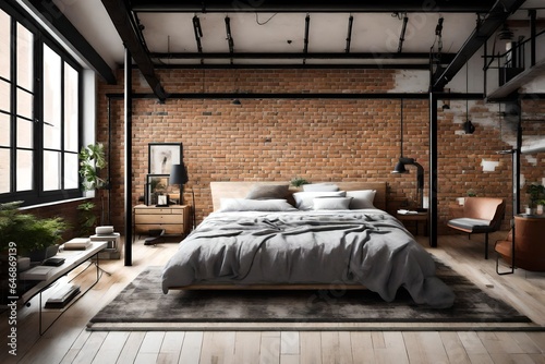 A modern loft bedroom with  brick walls and industrial elements.