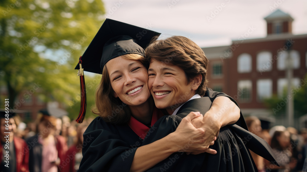 Happy smiling graduate hugs his parent after the graduation ceremony.