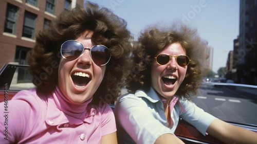 AI generated illustration of two retro young female friends laughing while sharing a car ride © Skritch Studio/Wirestock Creators