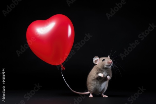 Mouse holding red heart shaped balloon on black background. Valentine's day greeting card.