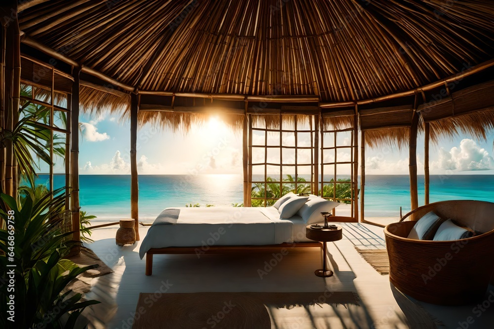 A Caribbean beach hut bedroom with bamboo furniture and ocean views.