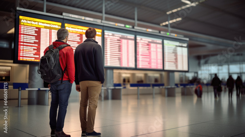 Two friends in airport looking to flight timetable