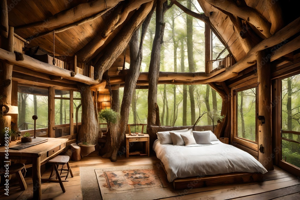 A rustic treehouse bedroom with a treetop view and wooden furnishings.