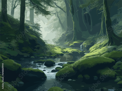 Visualize an intricate vector scene of a forest glade with a sense of magical realism, where the stream flows through a carpet of luminous moss, and the trees seem to whisper ancient secrets to those