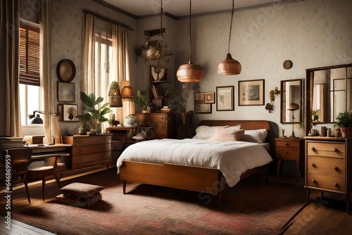 A vintage-inspired bedroom with retro decor and antique furniture.