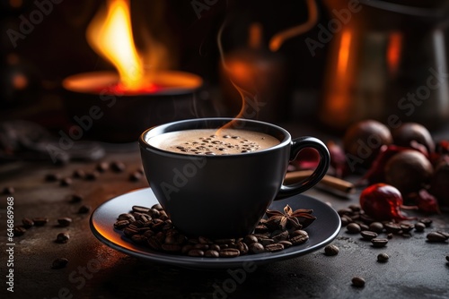 Cup of steaming hot coffee on wooden table with anise star, scattered coffee beans and candles