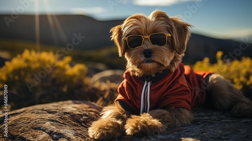AI generated illustration of a Terrier dog sitting on a rock, wearing sunglasses