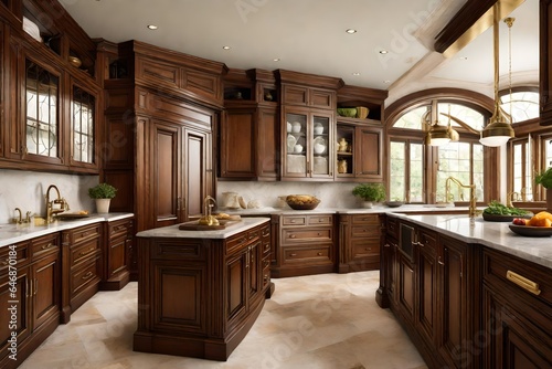 A traditional kitchen with rich wood cabinetry and brass hardware.