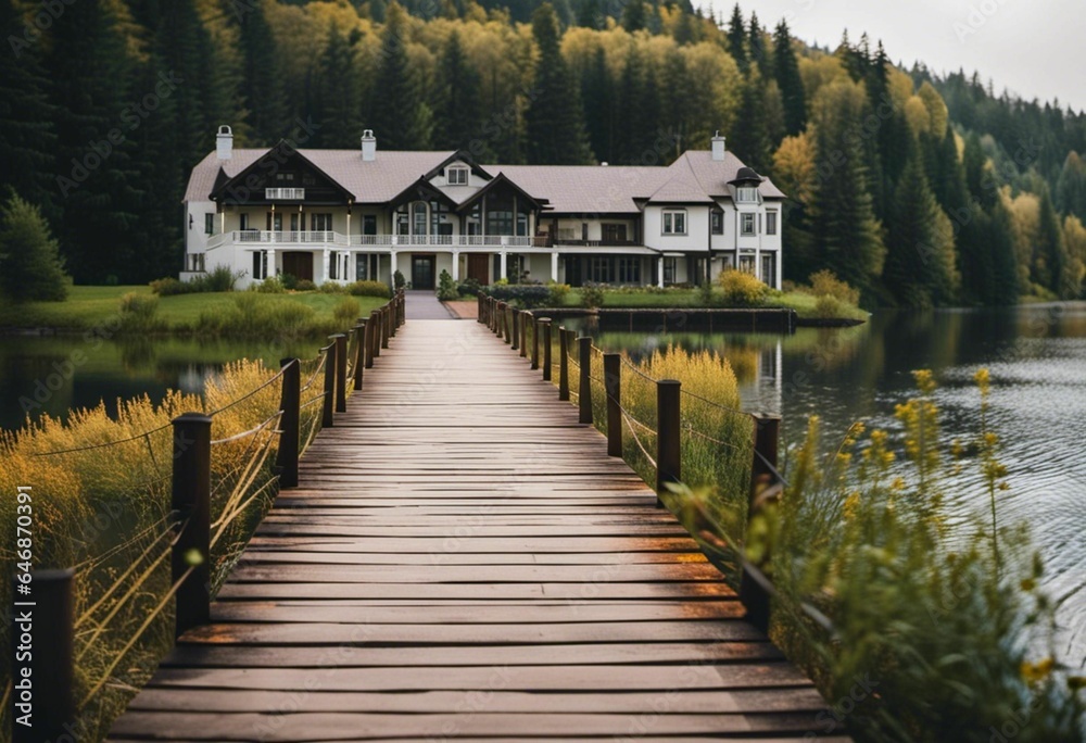 AI generated illustration of a wooden pier stretching out toward a two-story house AI generated illustration of a wooden pier stretching out toward a two-story house