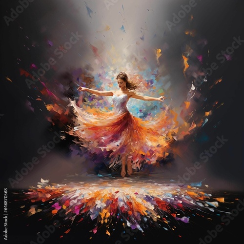 AI generated illustration of a female dancer in mid air gracefully leaping with paint splashes