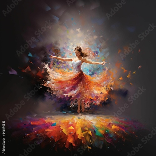 AI generated illustration of a female dancer in mid air with arms outstretched and paint splashes