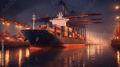 Freight transportation with huge cargo ship at cargo port