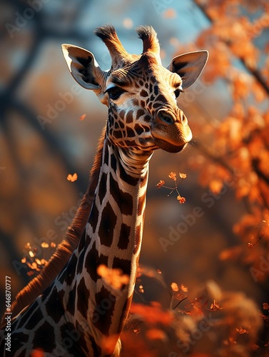 Portrait of a giraffe standing among trees and foliage, AI-generated.