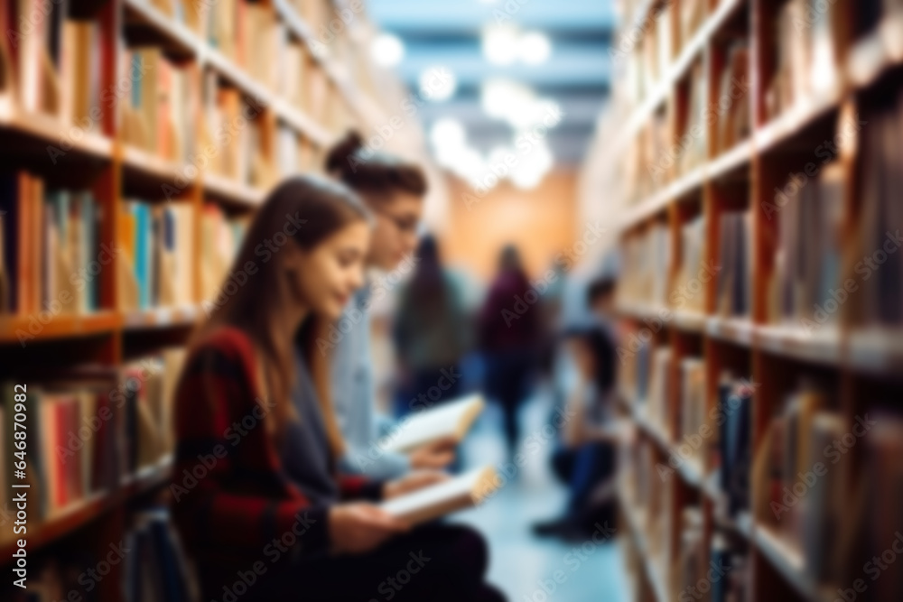 Blurred background with schoolchildren, students in the library reading books against the background of shelves with books, Blurred background with schoolchildren, students in the library reading books against the background of shelves with books,