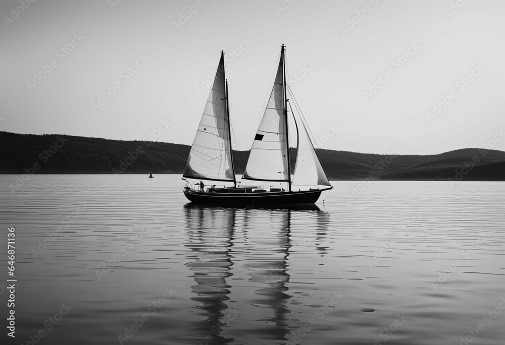 AI generated illustration of a sailboat sailing on water in grayscale