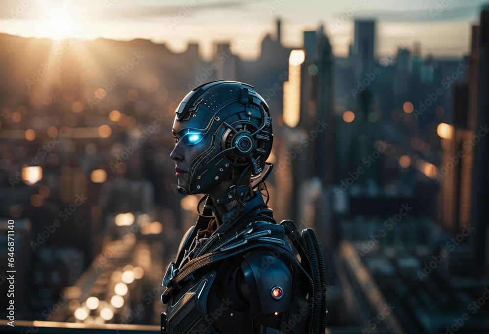 AI generated illustration of a futuristic robotic cyborg design, with a sleek and modern look
