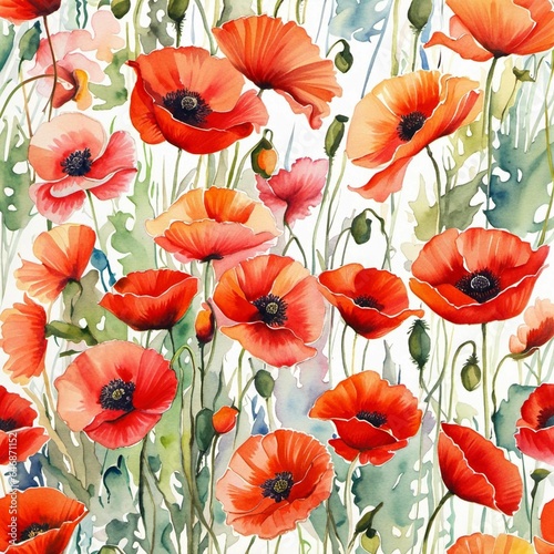 AI generated illustration of a vivid watercolor pattern featuring red poppies