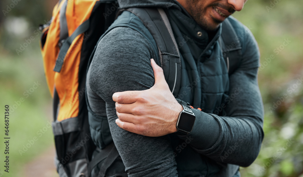 Shoulder pain, hiking injury and person hand outdoor with fitness