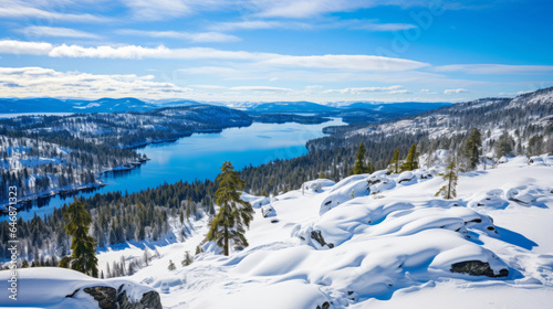 Mountain view of beautiful lake in winter. Forest, ground covered in snow.