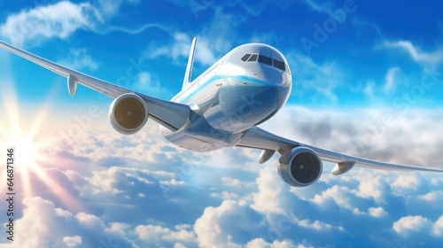 Commercial air plane on clear blue sky background 