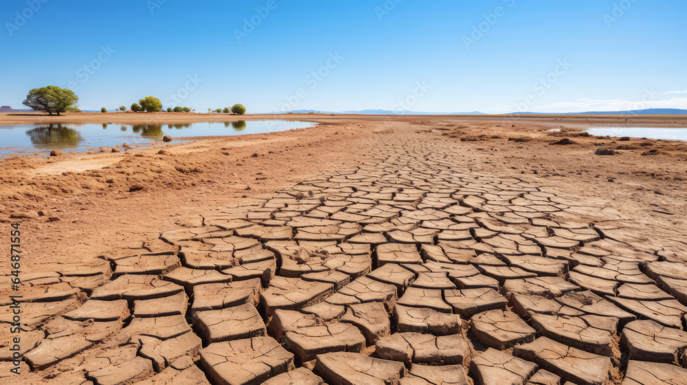 Dried up lake in desert area. Dry cracked soil. Global warming concept.