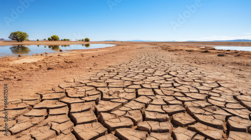 Dried up lake in desert area. Dry cracked soil. Global warming concept.