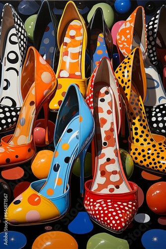 AI generated illustration of a vibrant and eclectic display of footwear lined up on a set of spheres